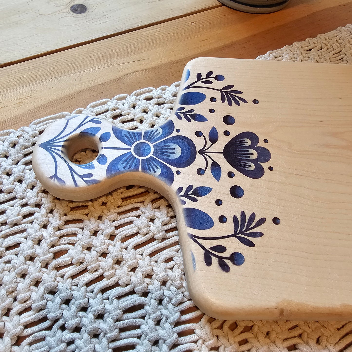 Cutting Board- Maple- 19.5 x 9.5- Scandinavian Folk Art- Blue Floral